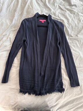 Lilly Pulitzer Navy Open-Front Fringe Hem Cardigan